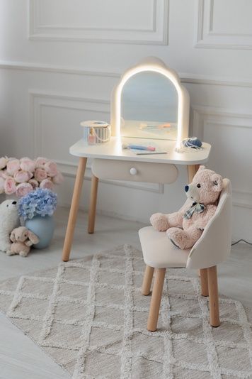 Комплект: Детское трюмо Ариэль С ПОДСВЕТКОЙ + креселко Ракушка, 5-7 лет, 115-125 см., Молочный 103-2-50-57-000 фото